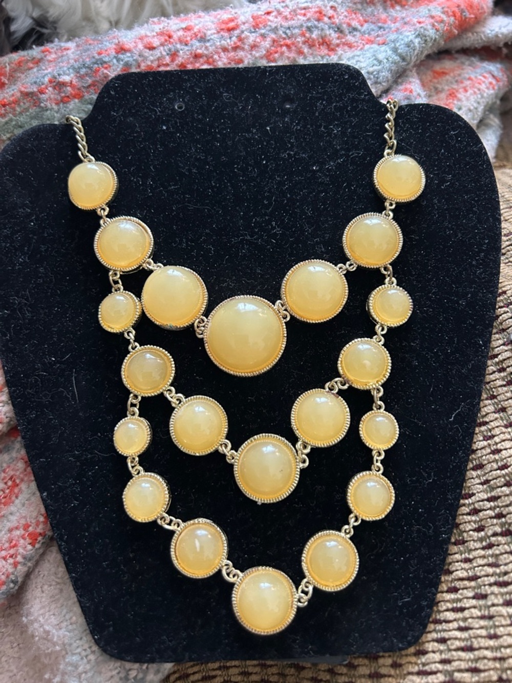 Triple-Row Gold-Tone Necklace with Yellow Cabochon Stones